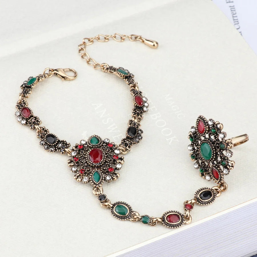 Kinel Unique Bracelet link Ring Turkish Jewelry Set For Women Antique Gold Crystal Flower Vintage Wedding Jewelry 2017 New