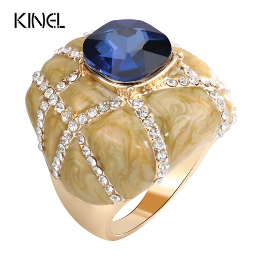 Kinel Unique Big Ring Dubai Fashion Gold Enamel Rings For Women Blue Glass Stone And White Crystal Cross Mosaic Vintage Jewelry