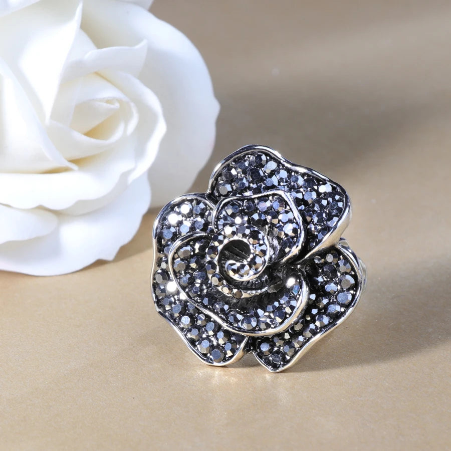 Kinel Luxury Gift Black Rose Flower Big Ring Unique Retro Crystal Rhinestone Rings For Women Fashion Vintage Jewelry 2018 New