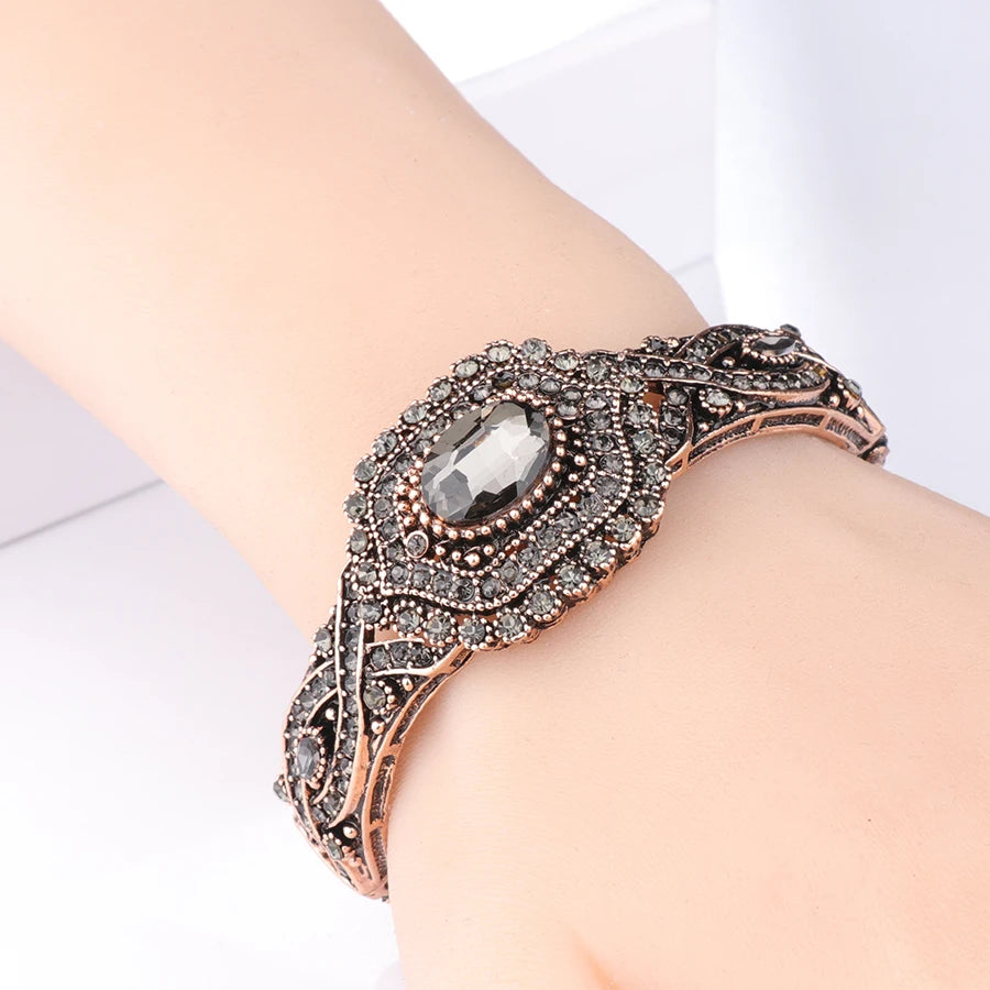 Kinel Full Gray Crystal Bohemia Bracelet Bangle For Women Antique Gold Turkey Ethnic Flower Cuff Brazalete Vintage Jewelry