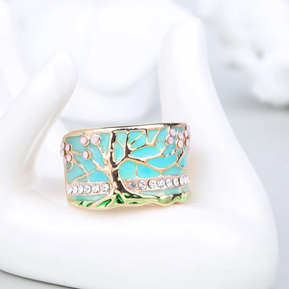 Kinel Hot Lucky Flower Tree Rings Fashion Gold Pink Opal Green Enamel Wide Ring For woman Party Crystal Vintage Jewelry 2019 New