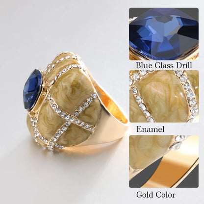 Kinel Unique Big Ring Dubai Fashion Gold Enamel Rings For Women Blue Glass Stone And White Crystal Cross Mosaic Vintage Jewelry