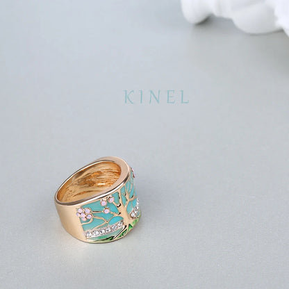 Kinel Hot Lucky Flower Tree Rings Fashion Gold Pink Opal Green Enamel Wide Ring For woman Party Crystal Vintage Jewelry 2019 New