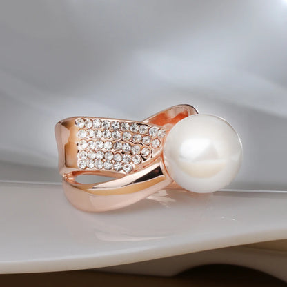 Kinel White Pearls Ring For Women Fashion Design Rose Gold Pave Setting Crystal Cocktail Rings Statement Vintage Jewelry Gift