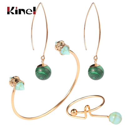 Kinel Natural Stone Pendant Earrings Bracelets And Rings For Women Boho Jewelry Sets Fashion Antique Gold Wedding Party Jewelry