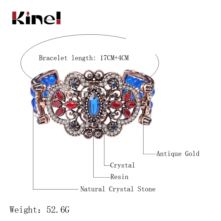 Kinel Punk Rock Vintage Big Bracelet Antique Gold Natural Stone Crystal Beads Bangle For Women Fashion Turkey Jewelry Gift