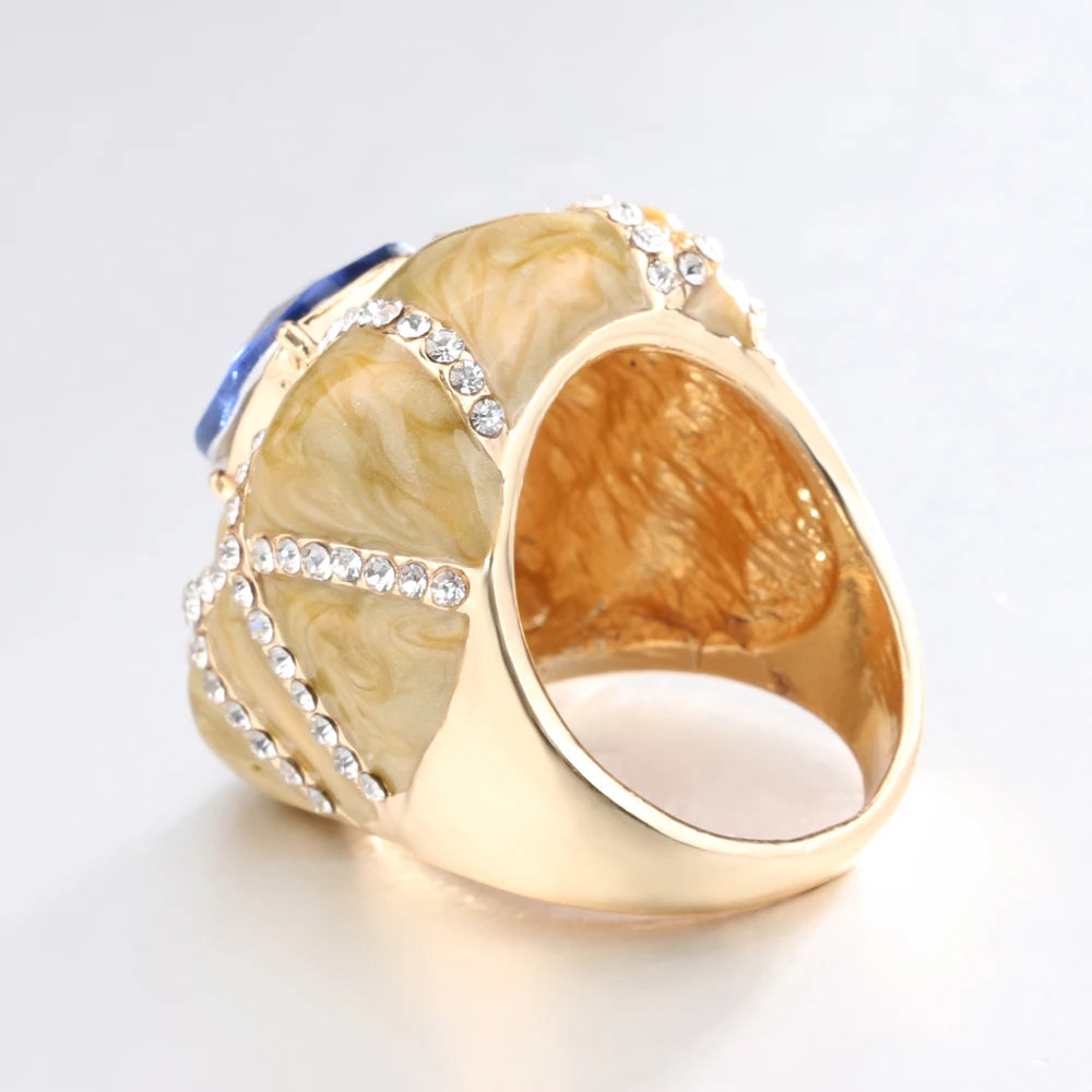 Kinel Unique Big Ring Dubai Fashion Gold Enamel Rings For Women Blue Glass Stone And White Crystal Cross Mosaic Vintage Jewelry