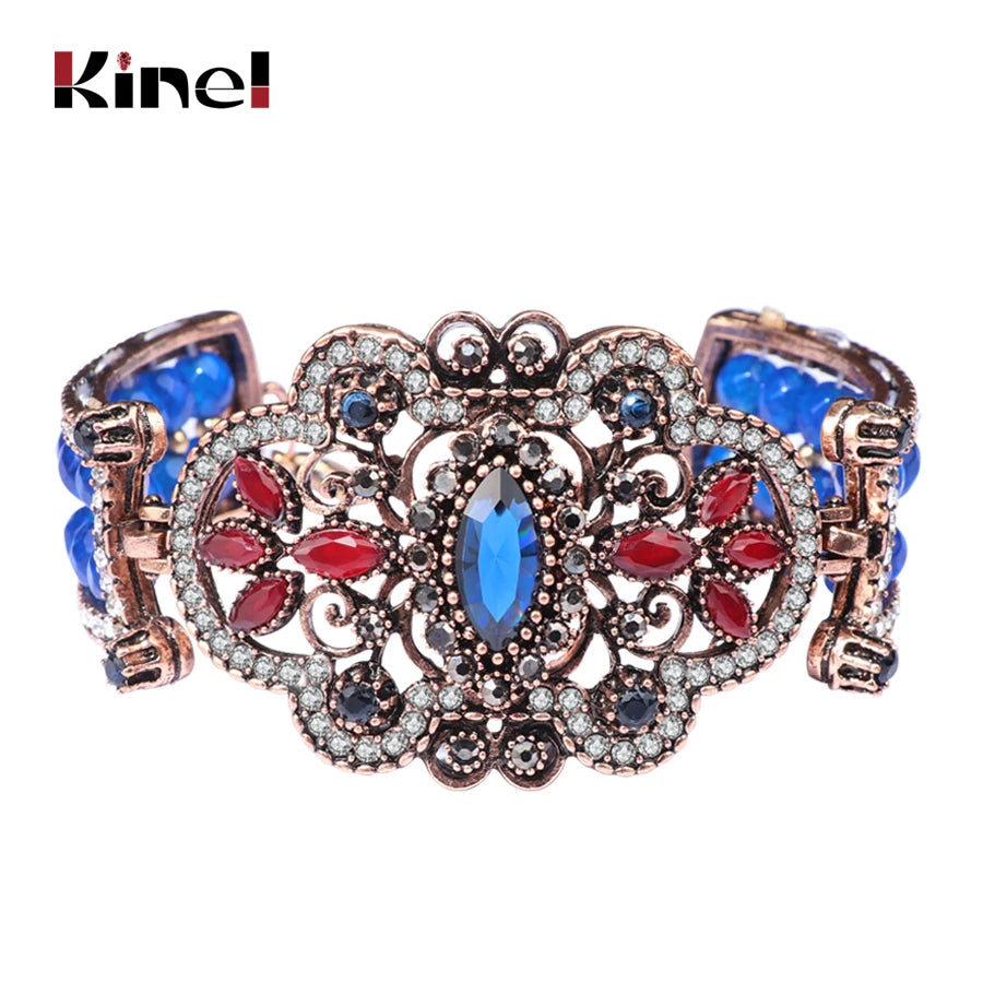 Kinel Punk Rock Vintage Big Bracelet Antique Gold Natural Stone Crystal Beads Bangle For Women Fashion Turkey Jewelry Gift