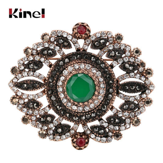 Kinel New Vintage Turkish Women Flower Brooches Pins Antique Gold Color Resin Brooch Pendant Dual-Purpose Ladies Ethnic Jewelry