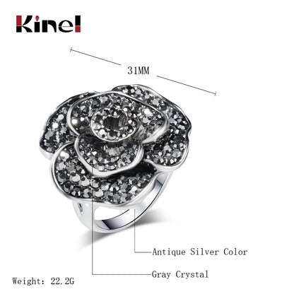 Kinel Luxury Gift Black Rose Flower Big Ring Unique Retro Crystal Rhinestone Rings For Women Fashion Vintage Jewelry 2018 New