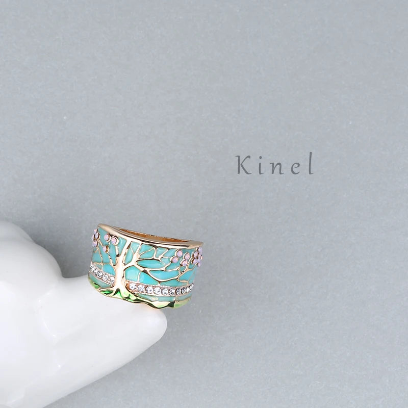 Kinel Hot Lucky Flower Tree Rings Fashion Gold Pink Opal Green Enamel Wide Ring For woman Party Crystal Vintage Jewelry 2019 New