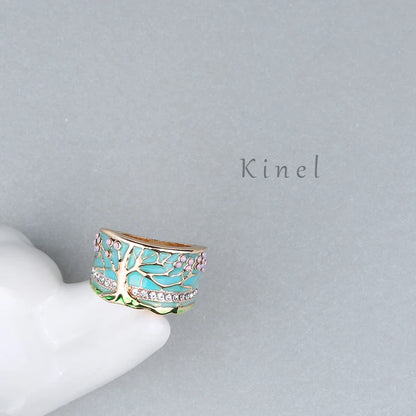 Kinel Hot Lucky Flower Tree Rings Fashion Gold Pink Opal Green Enamel Wide Ring For woman Party Crystal Vintage Jewelry 2019 New