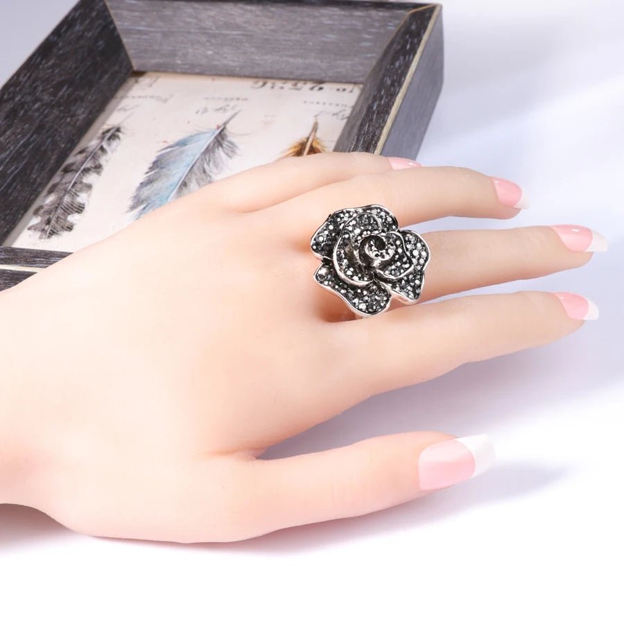 Kinel Luxury Gift Black Rose Flower Big Ring Unique Retro Crystal Rhinestone Rings For Women Fashion Vintage Jewelry 2018 New