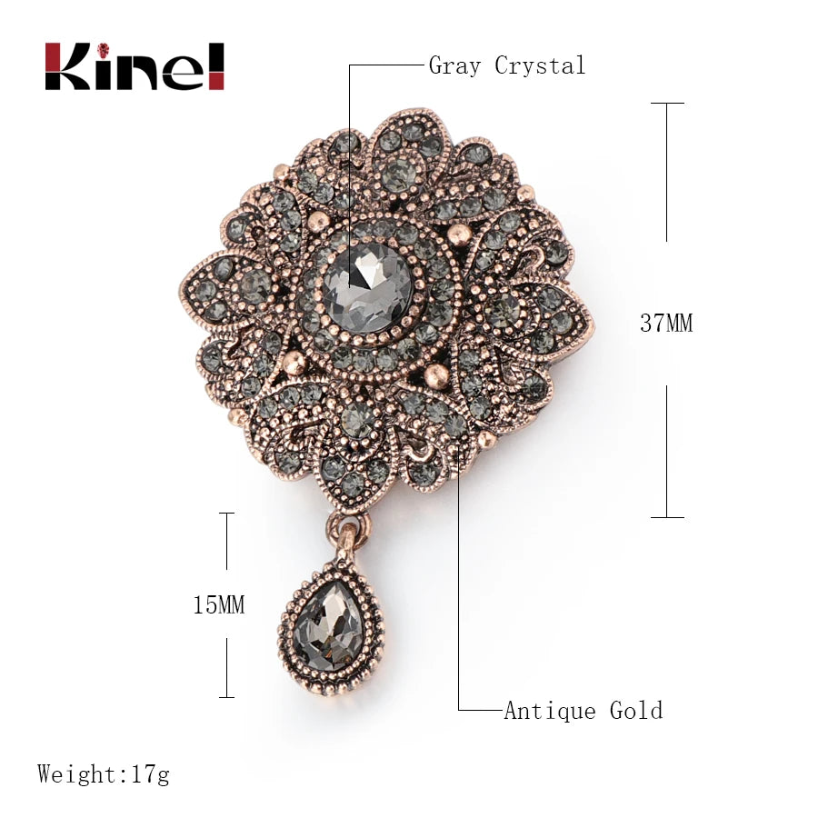 Kinel Vintage Gray Crystal Flower Turkish Brooch Pin For Women Antique Gold Arabesque Rhinestone Brooch Lapel Scarf Broches