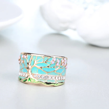 Kinel Hot Lucky Flower Tree Rings Fashion Gold Pink Opal Green Enamel Wide Ring For woman Party Crystal Vintage Jewelry 2019 New