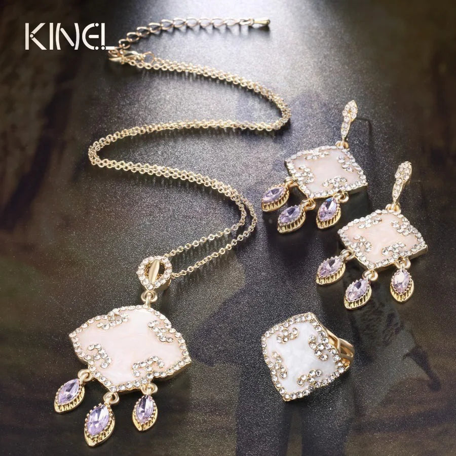 Kinel Luxury 3Pcs India Jewelry Set Enamel Necklace And Earring Rings For Women Gold Color 2017 New Fashion Gifts