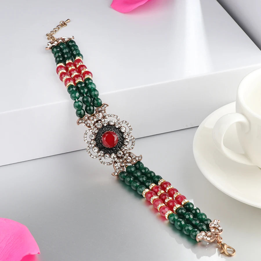 Kinel Natural Stone Bracelet For Women Ancient Gold Handmade Beading Indian Wedding Jewelry Luxury Crystal Big Bracelet