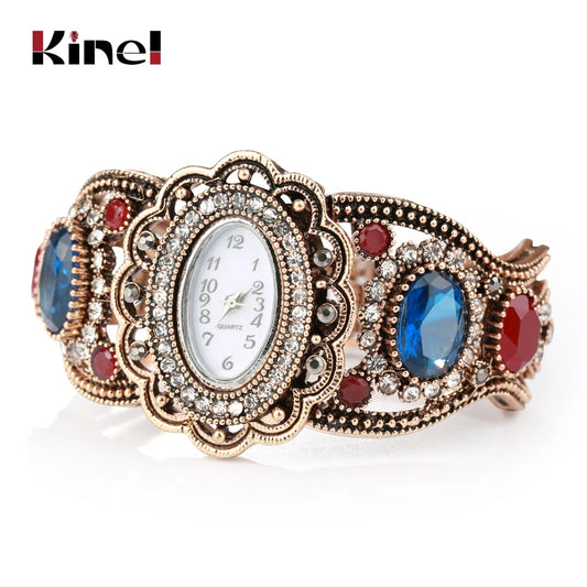 Kinel New Antique Watch Bracelet For Women Gold Color Hollow Crystal Flower Vintage Wedding Jewelry Christmas Gifts Wholesale