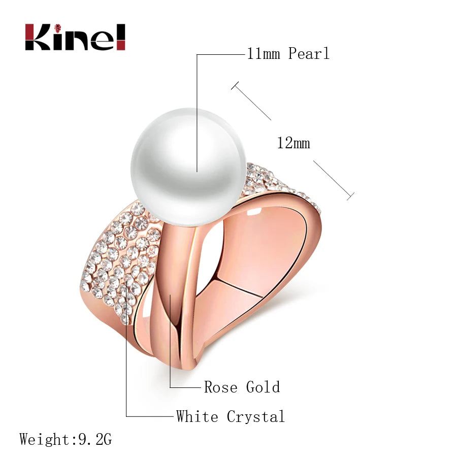 Kinel White Pearls Ring For Women Fashion Design Rose Gold Pave Setting Crystal Cocktail Rings Statement Vintage Jewelry Gift