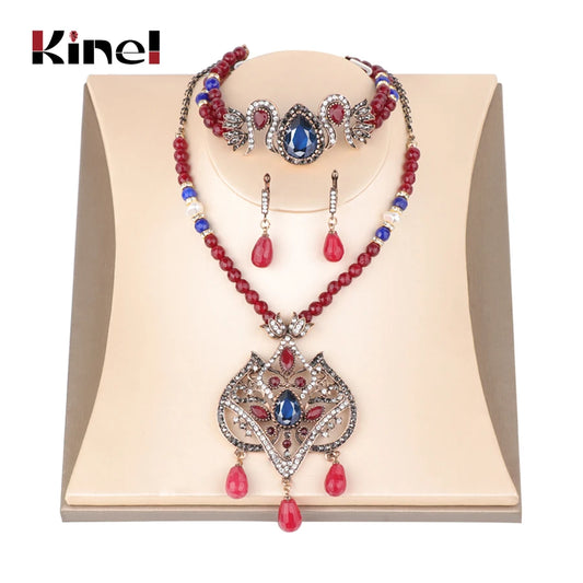 Kinel Luxury Natural Stone Indian Ethnic Jewelry Set Women Exaggerated Necklace Crystal Bracelet Earring Vintage Wedding Jewelry