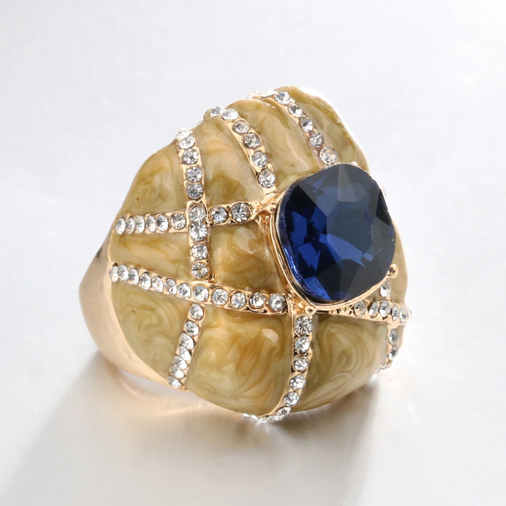 Kinel Unique Big Ring Dubai Fashion Gold Enamel Rings For Women Blue Glass Stone And White Crystal Cross Mosaic Vintage Jewelry