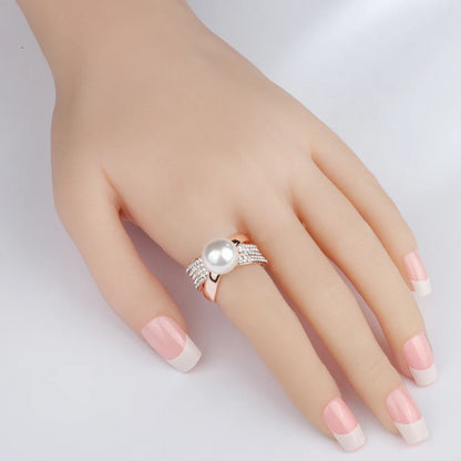 Kinel White Pearls Ring For Women Fashion Design Rose Gold Pave Setting Crystal Cocktail Rings Statement Vintage Jewelry Gift