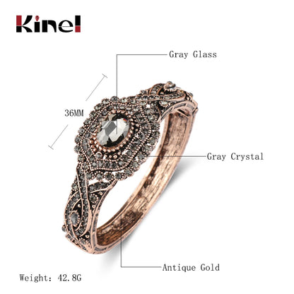 Kinel Full Gray Crystal Bohemia Bracelet Bangle For Women Antique Gold Turkey Ethnic Flower Cuff Brazalete Vintage Jewelry