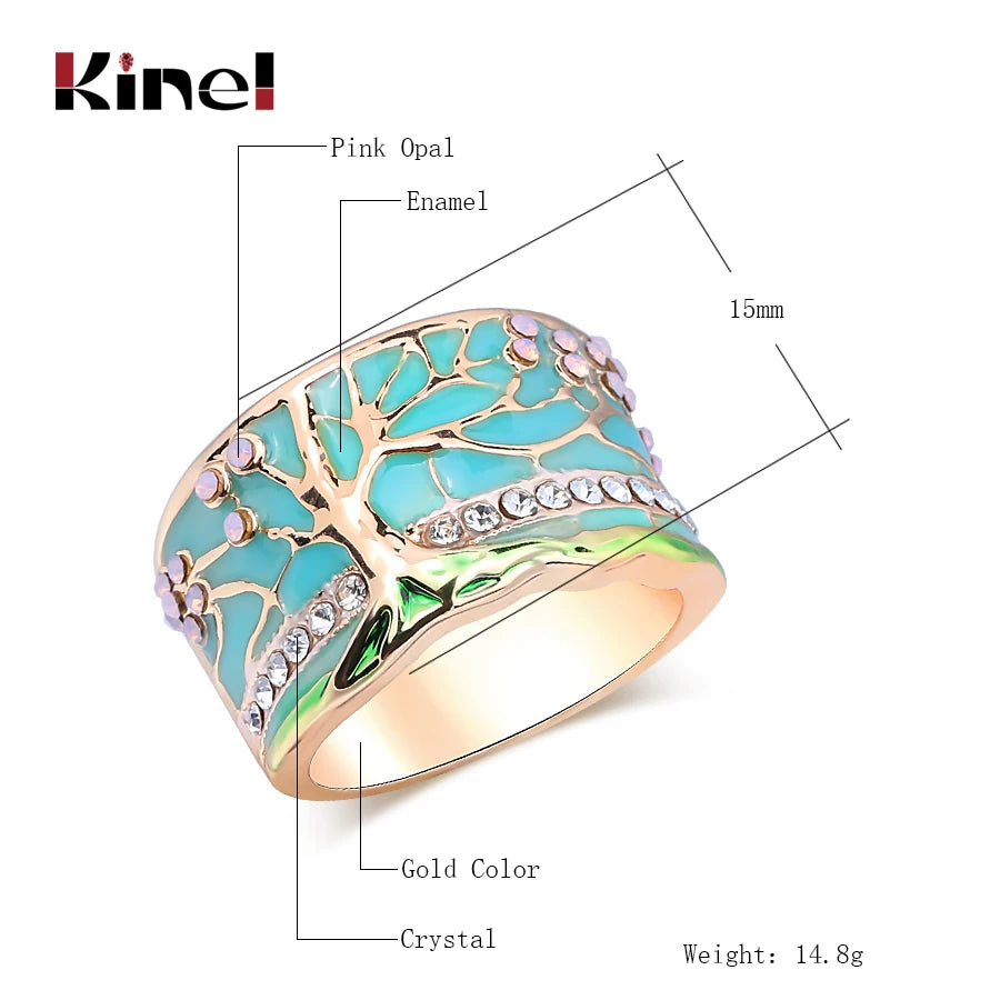 Kinel Hot Lucky Flower Tree Rings Fashion Gold Pink Opal Green Enamel Wide Ring For woman Party Crystal Vintage Jewelry 2019 New