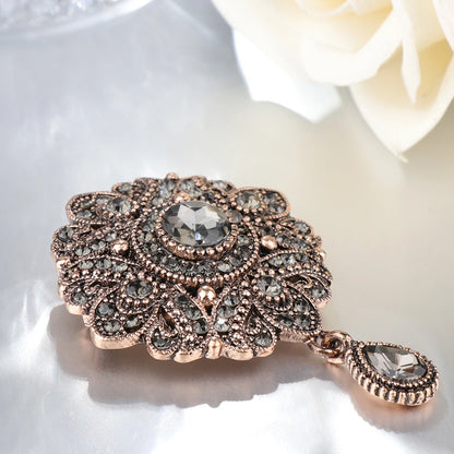 Kinel Vintage Gray Crystal Flower Turkish Brooch Pin For Women Antique Gold Arabesque Rhinestone Brooch Lapel Scarf Broches