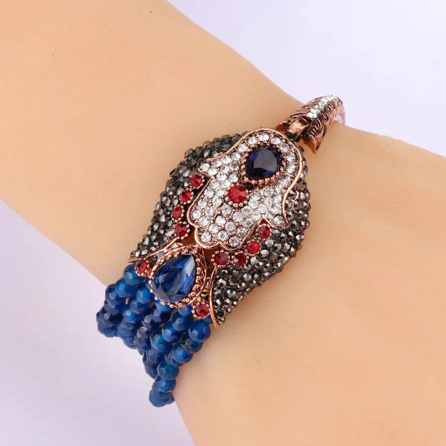 Kinel Natural Stone Crystal Beads Bracelet For Women Antique Gold Covered With Crystal Blue Punk Rock Bracelet Gift