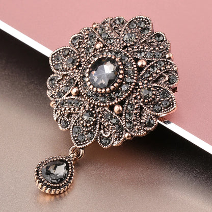 Kinel Vintage Gray Crystal Flower Turkish Brooch Pin For Women Antique Gold Arabesque Rhinestone Brooch Lapel Scarf Broches