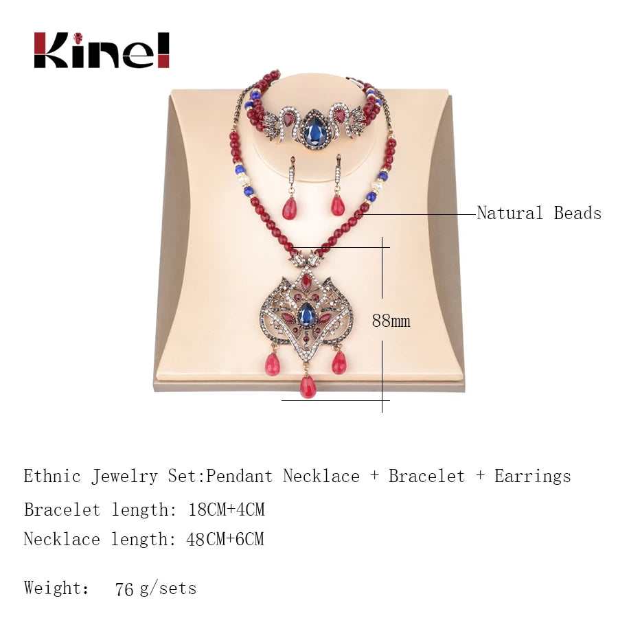 Kinel Luxury Natural Stone Indian Ethnic Jewelry Set Women Exaggerated Necklace Crystal Bracelet Earring Vintage Wedding Jewelry