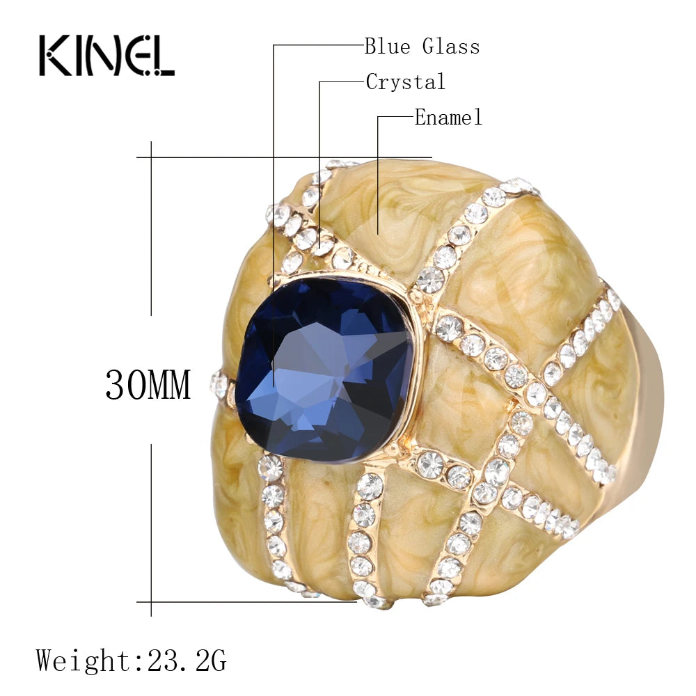 Kinel Unique Big Ring Dubai Fashion Gold Enamel Rings For Women Blue Glass Stone And White Crystal Cross Mosaic Vintage Jewelry