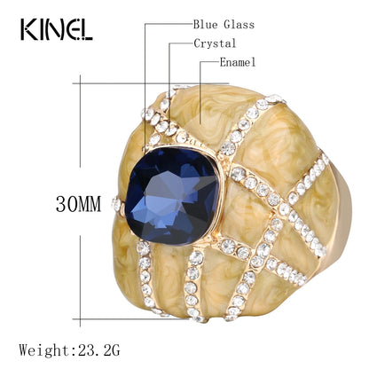 Kinel Unique Big Ring Dubai Fashion Gold Enamel Rings For Women Blue Glass Stone And White Crystal Cross Mosaic Vintage Jewelry