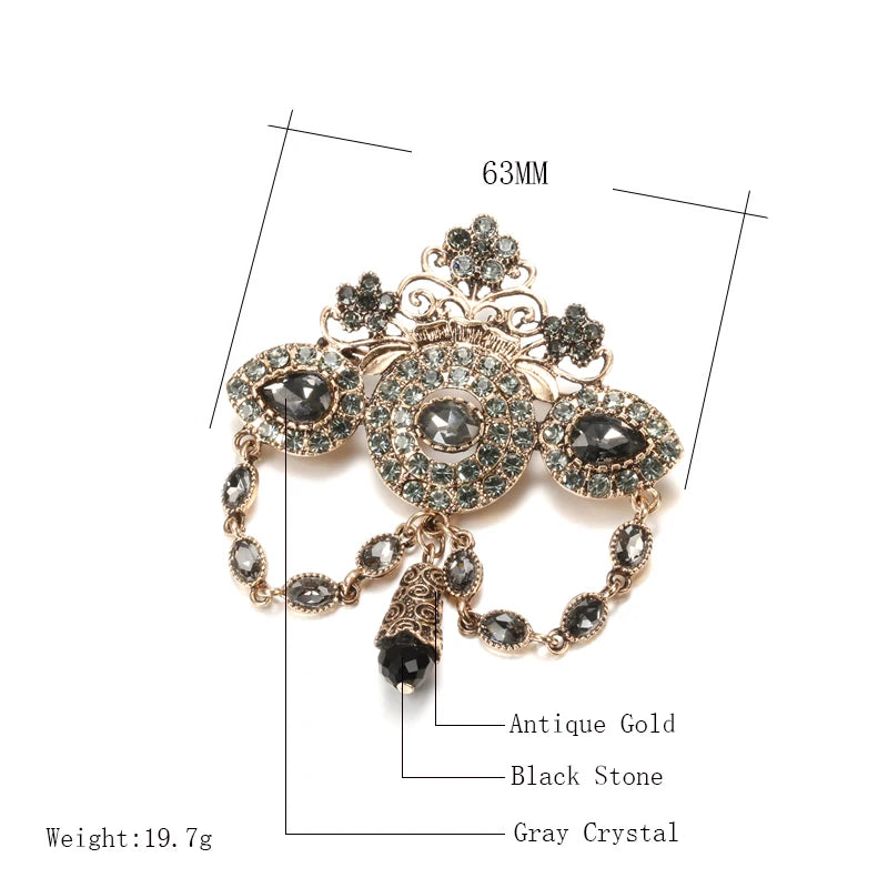 Kinel Fashion Boho Crown Brooch for Women Antique Gold Color Full Gray Crystal Moroccan Wedding Jewelry African Bridal Bijoux