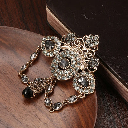 Kinel Fashion Boho Crown Brooch for Women Antique Gold Color Full Gray Crystal Moroccan Wedding Jewelry African Bridal Bijoux