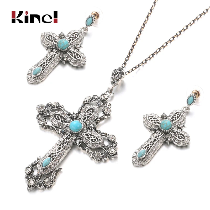 Kinel Vintage Tibetan Silver Cross Necklace Earrings For Women Jewelry Sets Natural Stone Crystal Boho Ethnic Wedding Jewelry