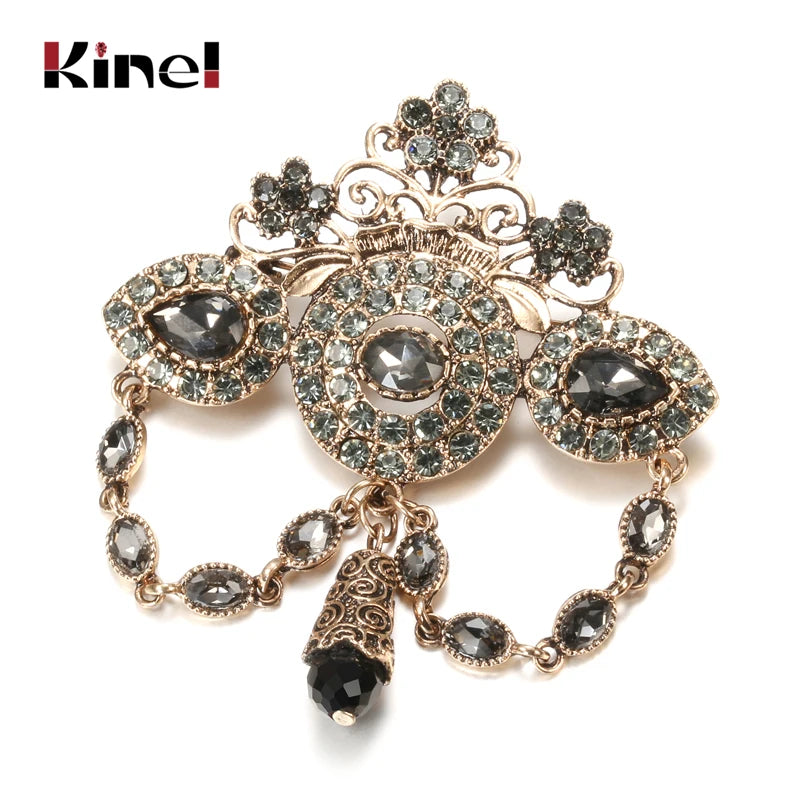 Kinel Fashion Boho Crown Brooch for Women Antique Gold Color Full Gray Crystal Moroccan Wedding Jewelry African Bridal Bijoux