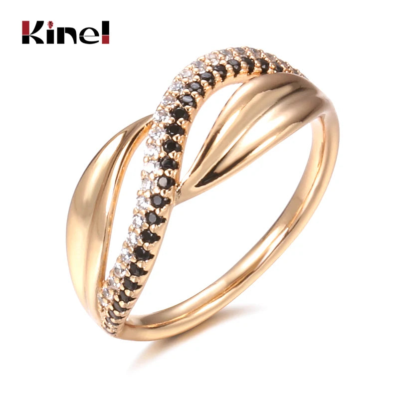 Kinel Hot Natural Zircon Wave Ring 585 Rose Gold Fine Hollow Ethnic Wedding Rings for Women Beach Party Vintage Jewelry 2021 New