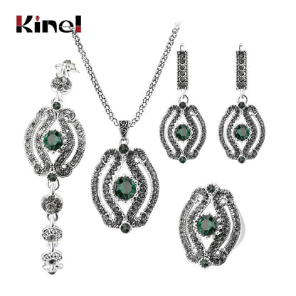 Kinel Hot 4Pcs Vintage Wedding Jewelry Sets Gray Crystal Necklace Earrings Bracelet And Rings For Women Green Stone Bogo Jewelry