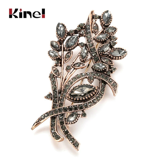 Kinel Ethnic Crystal Gray Flower Brooch For Women Antique Gold Color Turkish Brooch Pins Bridal Gift Vintage Wedding Jewelry