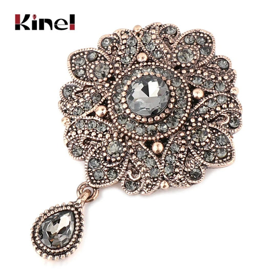 Kinel Vintage Gray Crystal Flower Turkish Brooch Pin For Women Antique Gold Arabesque Rhinestone Brooch Lapel Scarf Broches