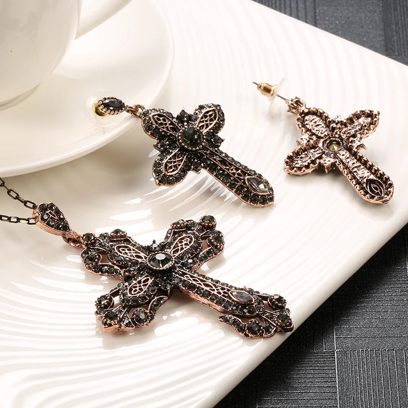 Kinel Noble Gray Crystal Cross Necklace Drop Earring for Women Vintage Jewelry Set Antique Gold Necklace Bijoux Religious Gift