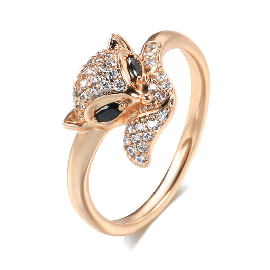 Kinel Hot Cute Fox Ring for Women 585 Rose Gold Black Natural Zircon Ring Fashion Vintage Animal Jewelry