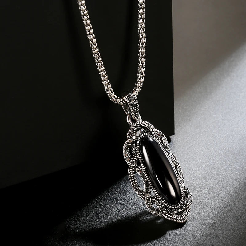 Kinel Top Quality Boho Black Stone Necklace Tibetan Silver Mosaic AAA Gray Crystal Big Oval Necklace For Women Vintage Jewelry