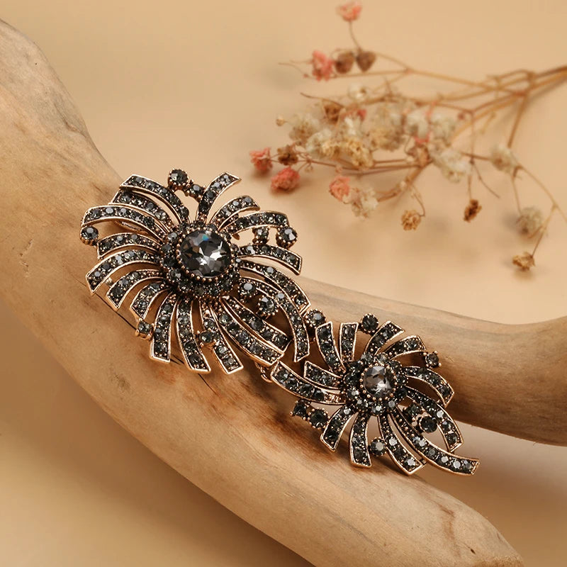 Kinel Hot Gray Crystal Flower Brooch Pin For Women Antique Gold Arabesque Rhinestone Brooch Lapel Scarf Broches Vintage Jewelry