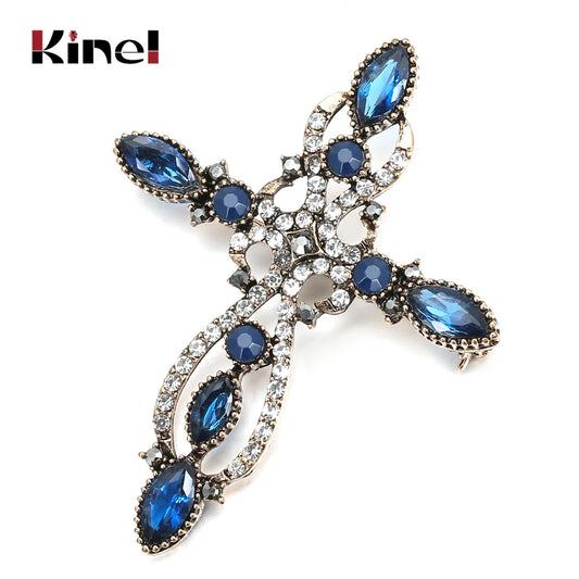 Kinel New Arrival Antique Gold Baroque Cross Brooch For Women Fashion Rhinestone Brooches Pin Vintage Wedding Jewelry Gift