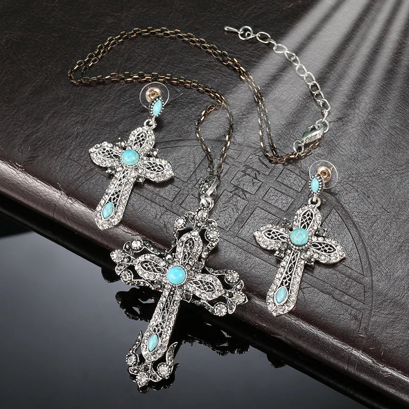 Kinel Vintage Tibetan Silver Cross Necklace Earrings For Women Jewelry Sets Natural Stone Crystal Boho Ethnic Wedding Jewelry