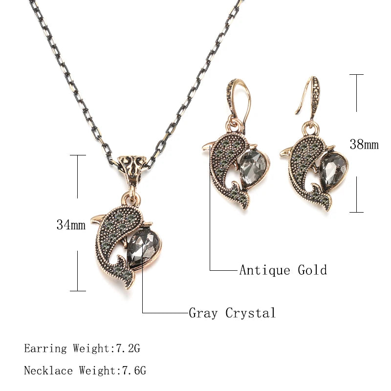 Kinel Fashion Crystal Dolphin Jewelry Sets Ancient Gold Plated Gray Water Drop Party Necklace Earring Sets For Women Wedding