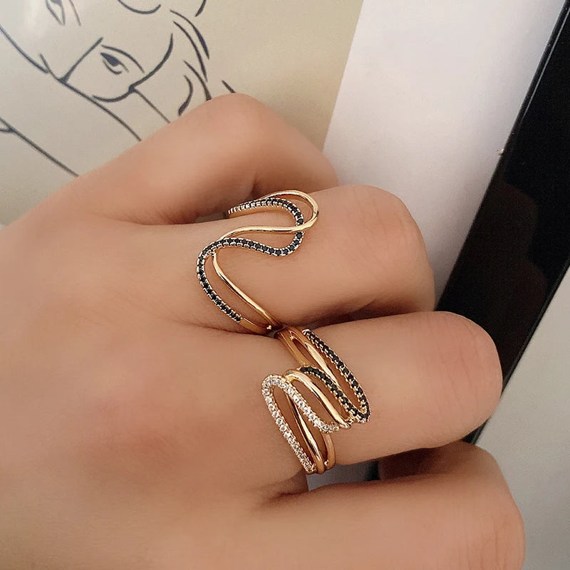 Kinel New 585 Rose Gold Twist Finger Rings For Women Micro Paved Black&White Natural Zircon Ring Ethnic Bride Wedding Jewelry